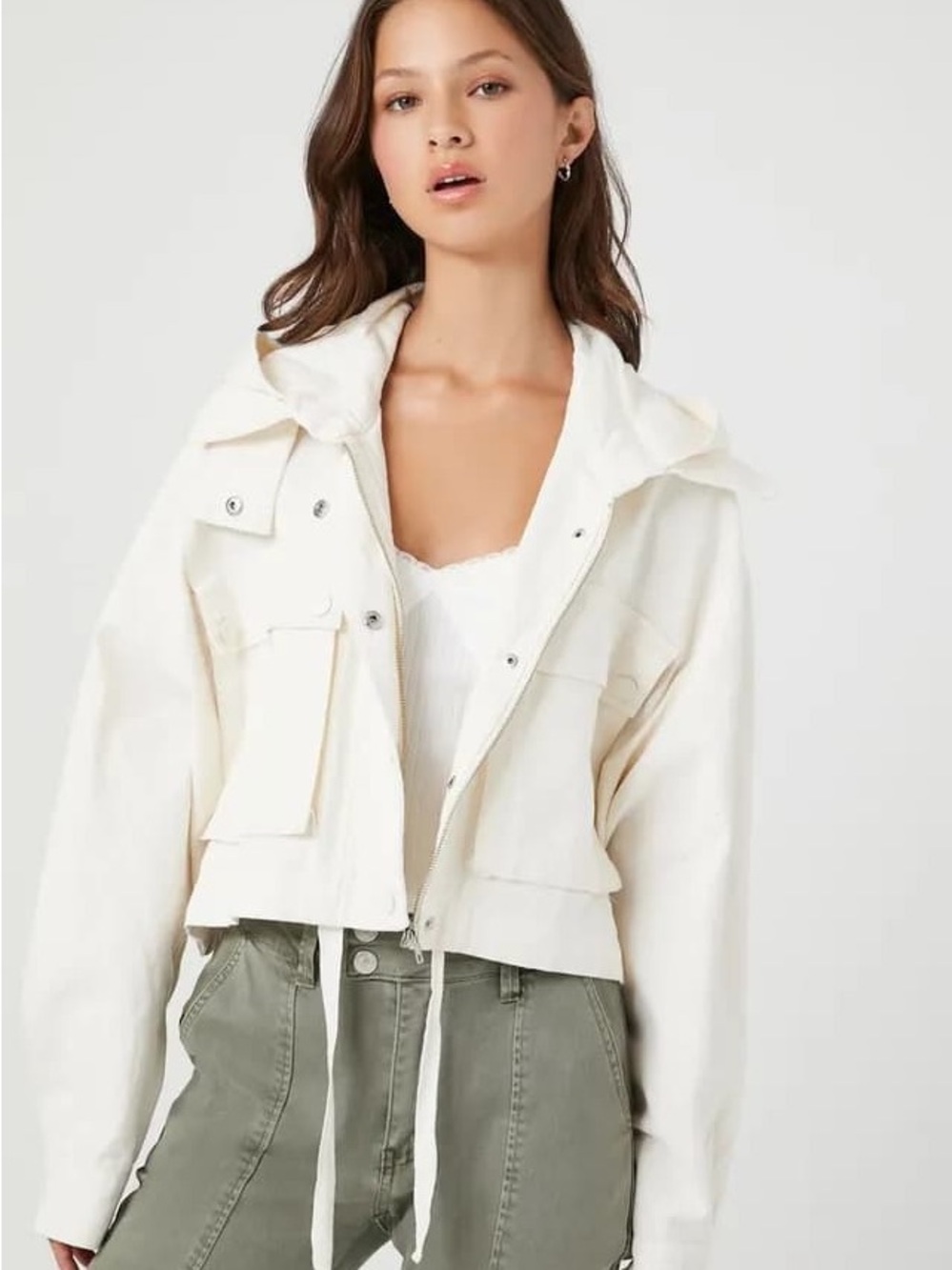 Forever 21 Cream Cropped Hooded Utility Jacket